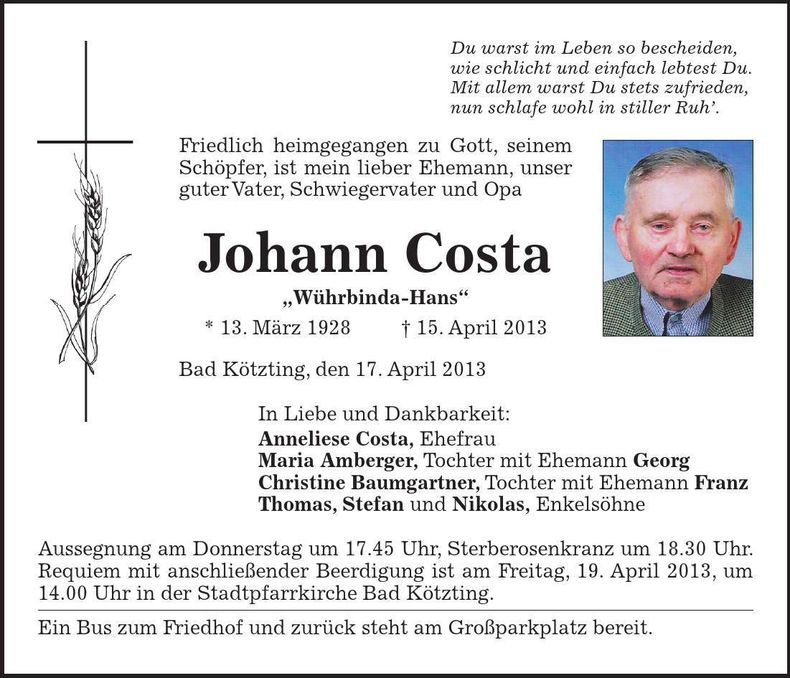 Traueranzeige Johann Costa