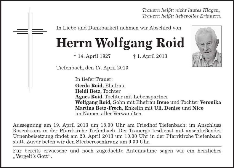Traueranzeige Wolfgang Roid