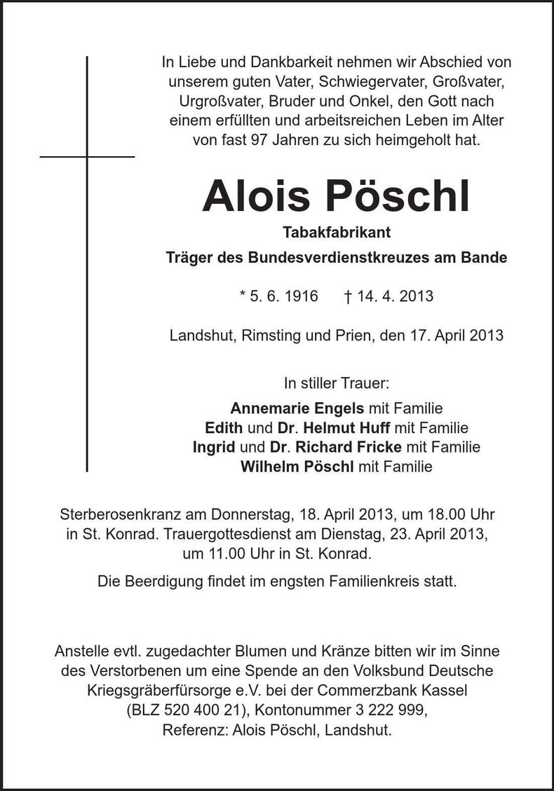 Traueranzeige Alois Pöschl
