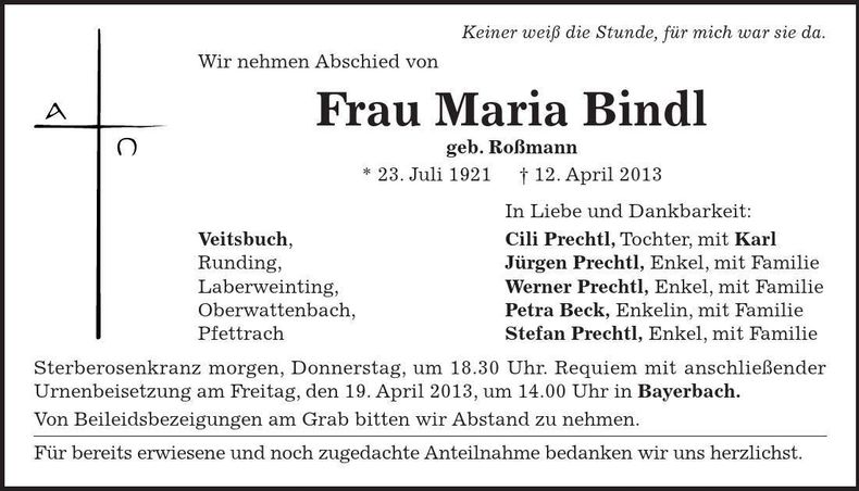 Traueranzeige Maria Bindl