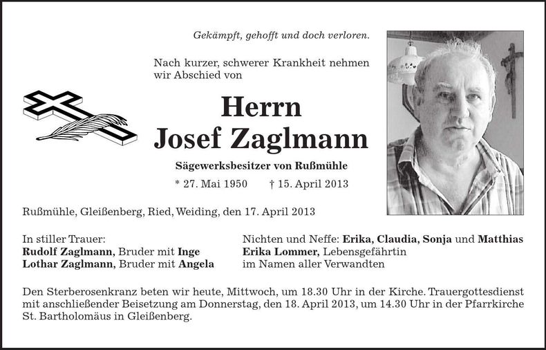Traueranzeige Josef Zaglmann