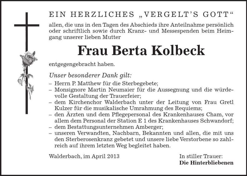 Traueranzeige Berta Kolbeck