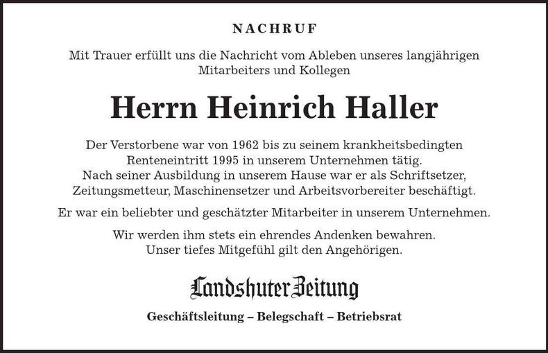 Traueranzeige Heinrich Haller
