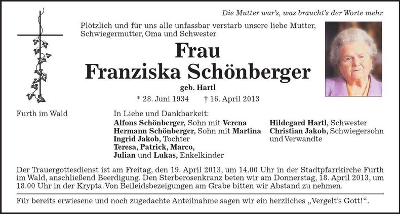 Traueranzeige Franziska Schönberger