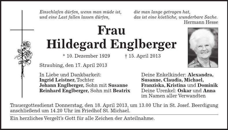Traueranzeige Hildegard Englberger