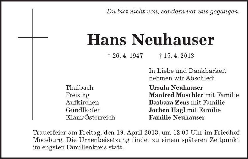 Traueranzeige Hans Neuhauser
