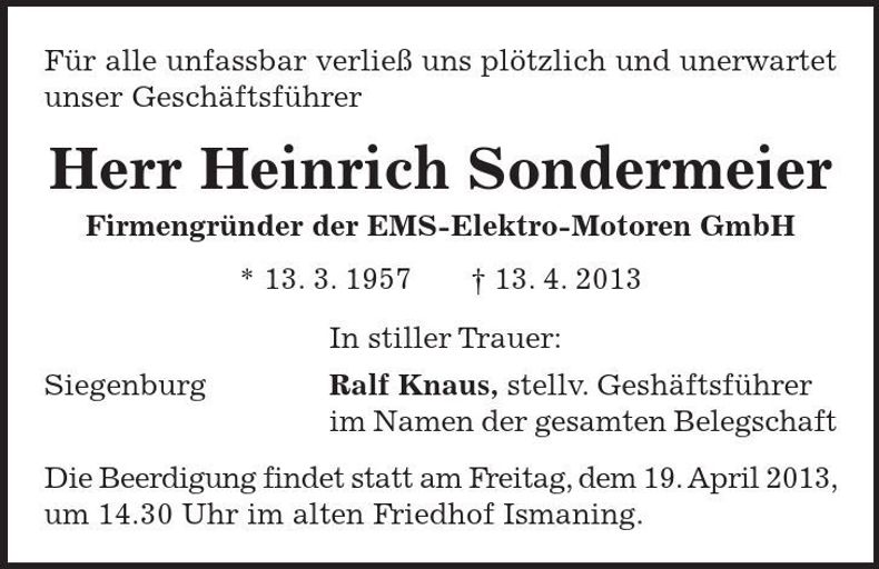 Traueranzeige Heinrich Sondermeier