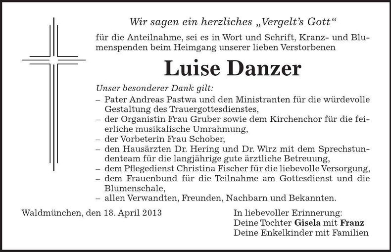 Traueranzeige Luise Danzer