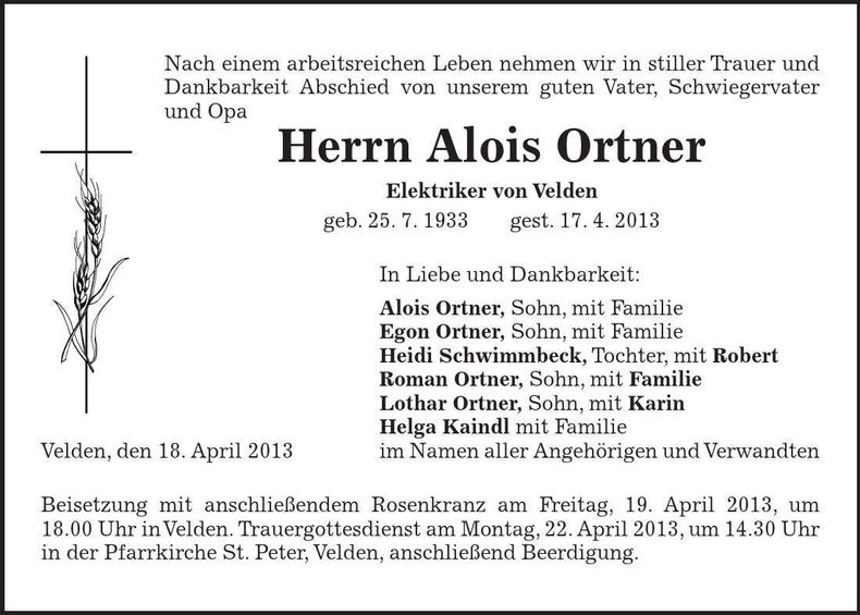 Traueranzeige Alois Ortner