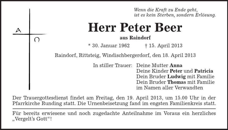 Traueranzeige Peter Beer