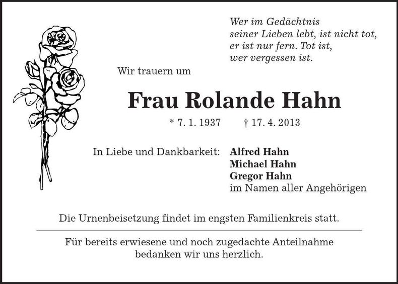 Traueranzeige Rolande Hahn