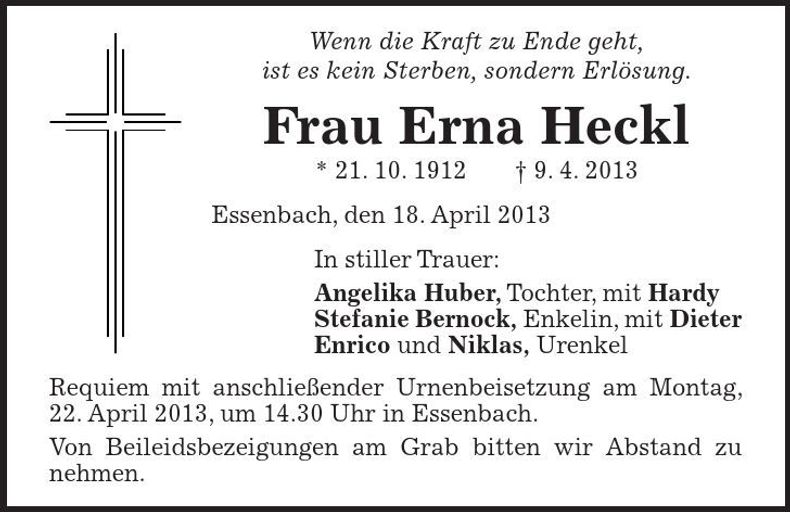 Traueranzeige Erna Heckl