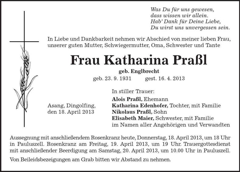 Traueranzeige Katharina Praßl