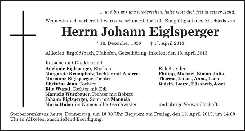 Traueranzeige Johann Eiglsperger