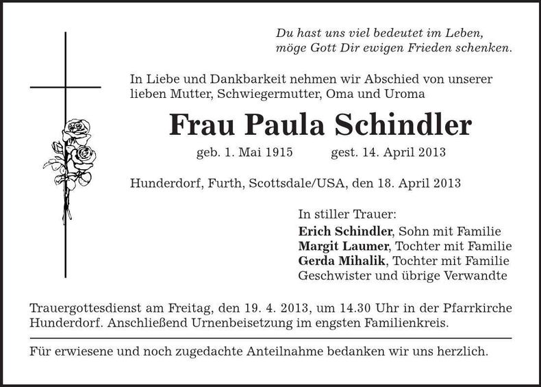 Traueranzeige Paula Schindler