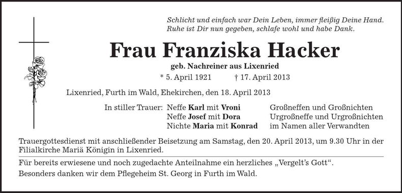 Traueranzeige Franziska Hacker
