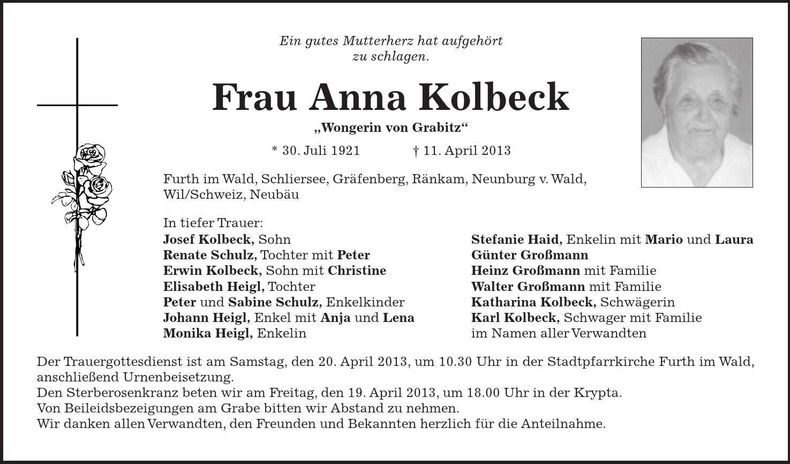 Traueranzeige Anna Kolbeck