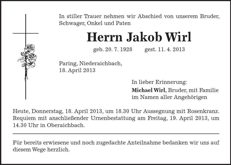 Traueranzeige Jakob Wirl