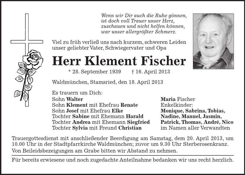 Traueranzeige Klement Fischer