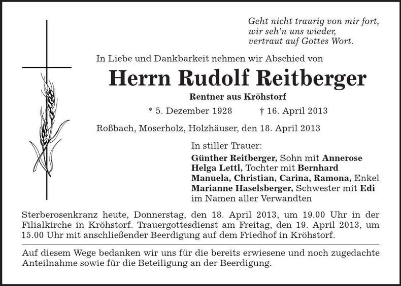 Traueranzeige Rudolf Reitberger