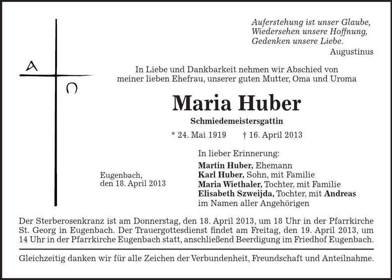 Traueranzeige Maria Huber