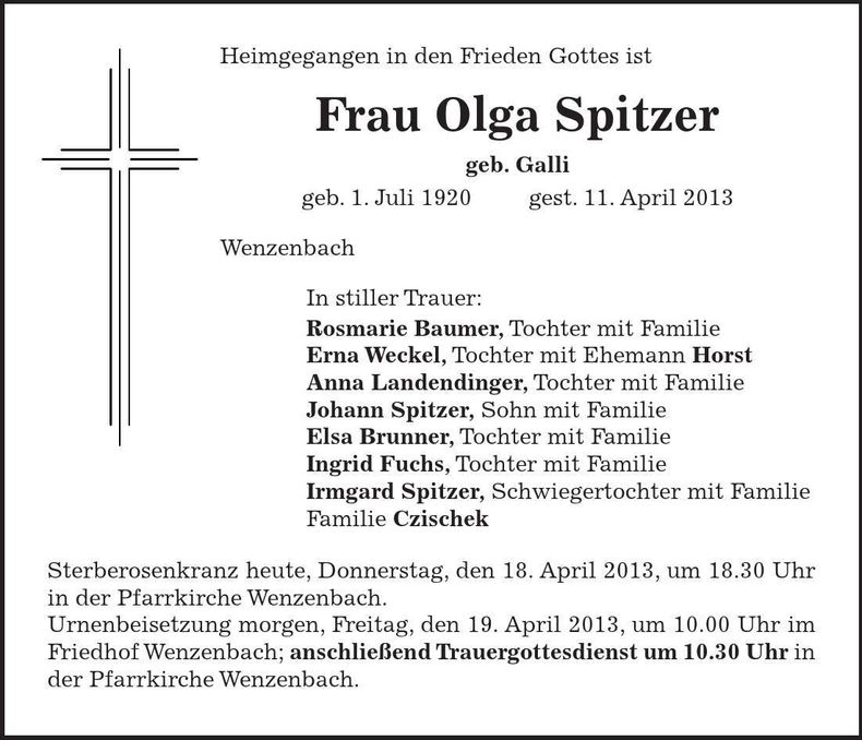 Traueranzeige Olga Spitzer