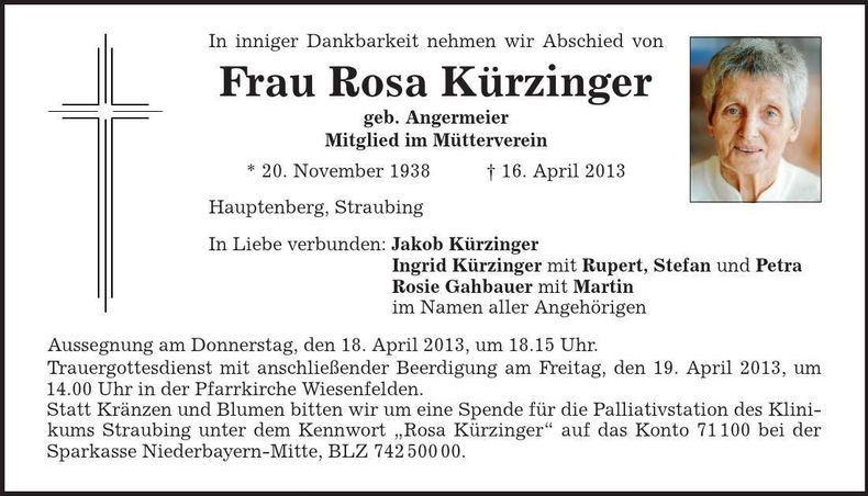 Traueranzeige Rosa Kürzinger