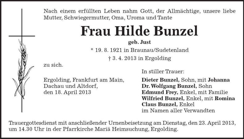 Traueranzeige Hilde Bunzel