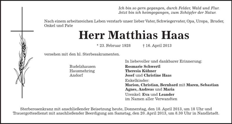 Traueranzeige Matthias Haas