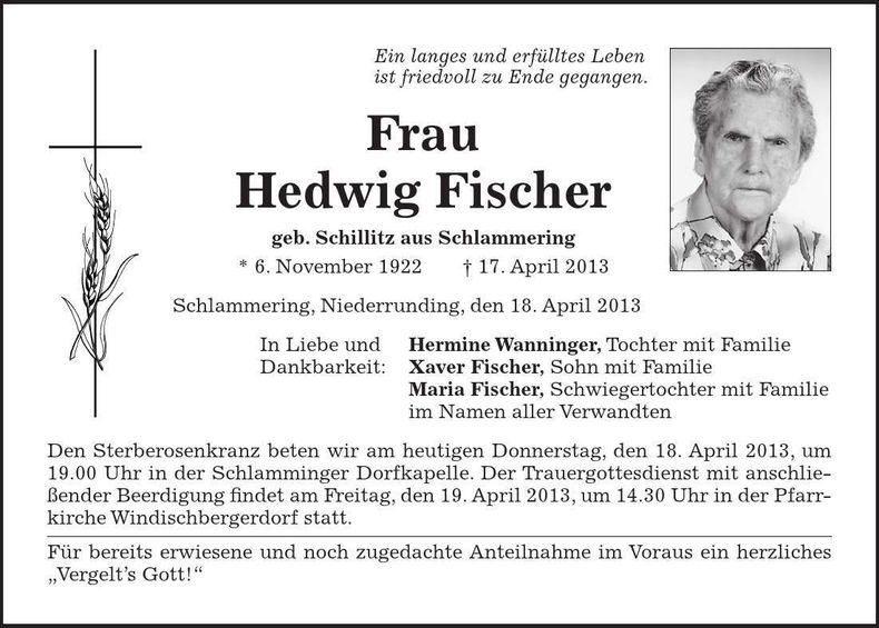 Traueranzeige Hedwig Fischer