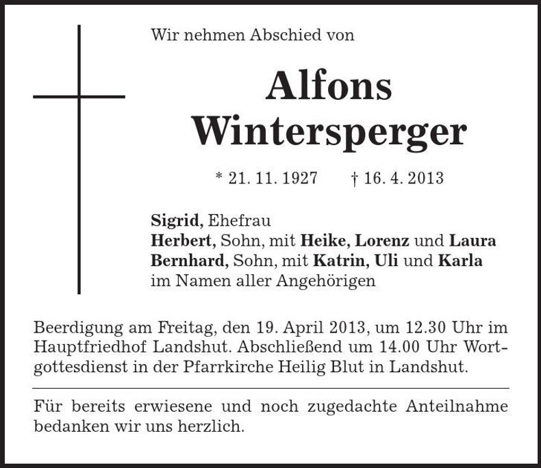Traueranzeige Alfons Wintersperger