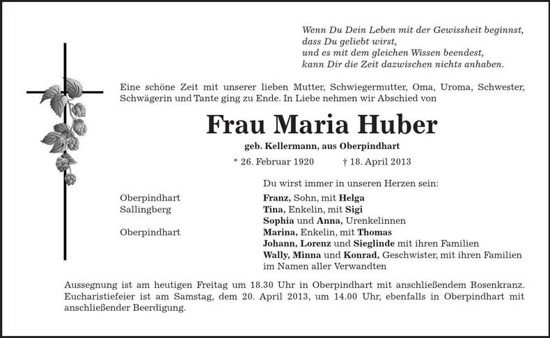 Traueranzeige Maria Huber
