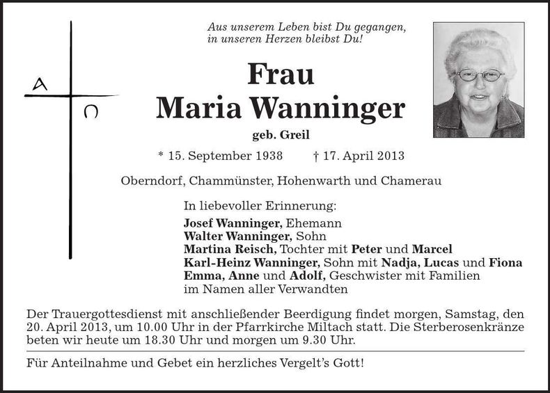 Traueranzeige Maria Wanninger