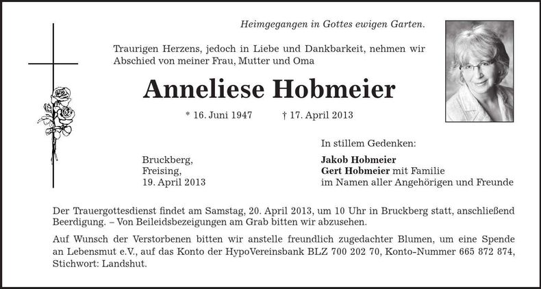 Traueranzeige Anneliese Hobmeier
