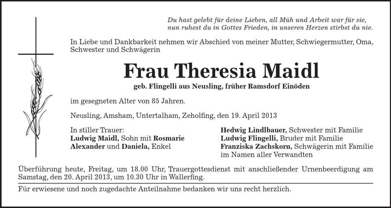 Traueranzeige Theresia Maidl
