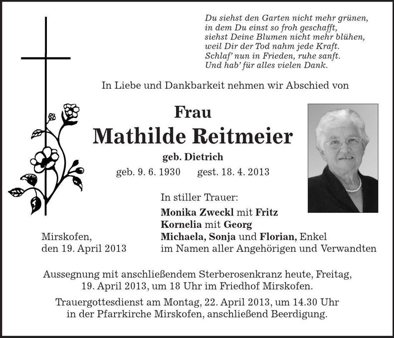 Traueranzeige Mathilde Reitmeier