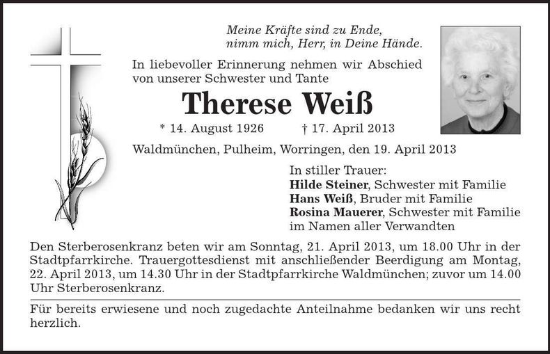 Traueranzeige Theres Weiß