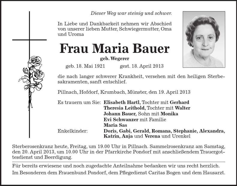 Traueranzeige Maria Bauer