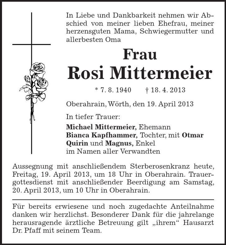 Traueranzeige Rosi Mittermeier
