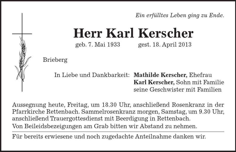 Traueranzeige Karl Kerscher