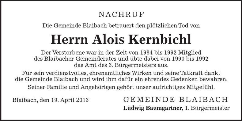 Traueranzeige Alois Kernbichl