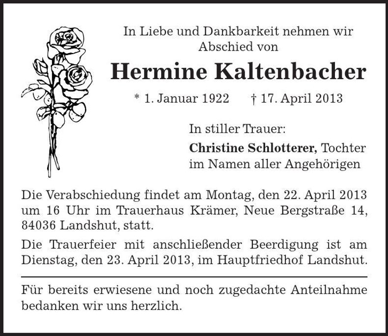 Traueranzeige Hermine Kaltenbacher