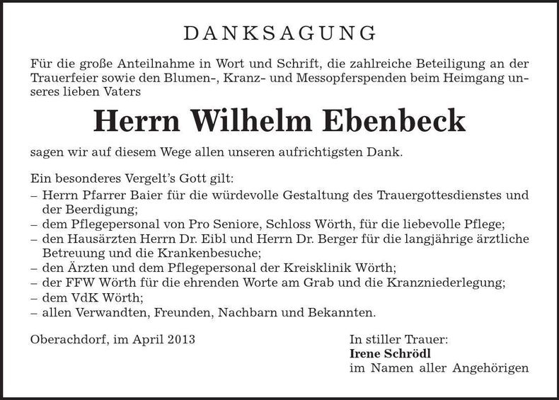 Traueranzeige Wilhelm Ebenbeck