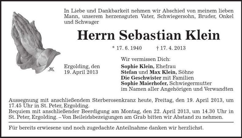 Traueranzeige Sebastian Klein
