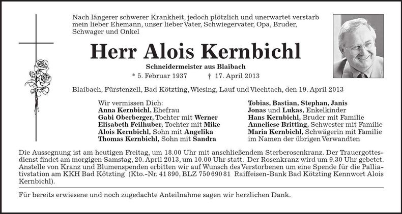 Traueranzeige Alois Kernbichl