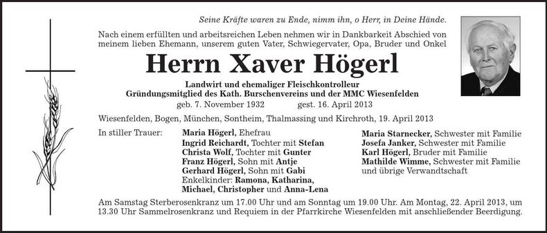 Traueranzeige Xaver Högerl