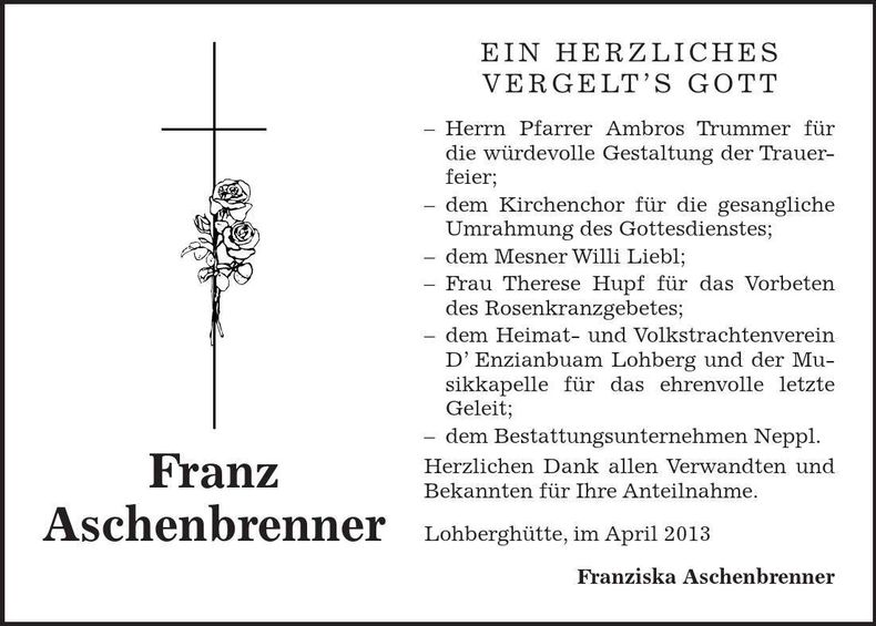 Traueranzeige Franz Aschenbrernner
