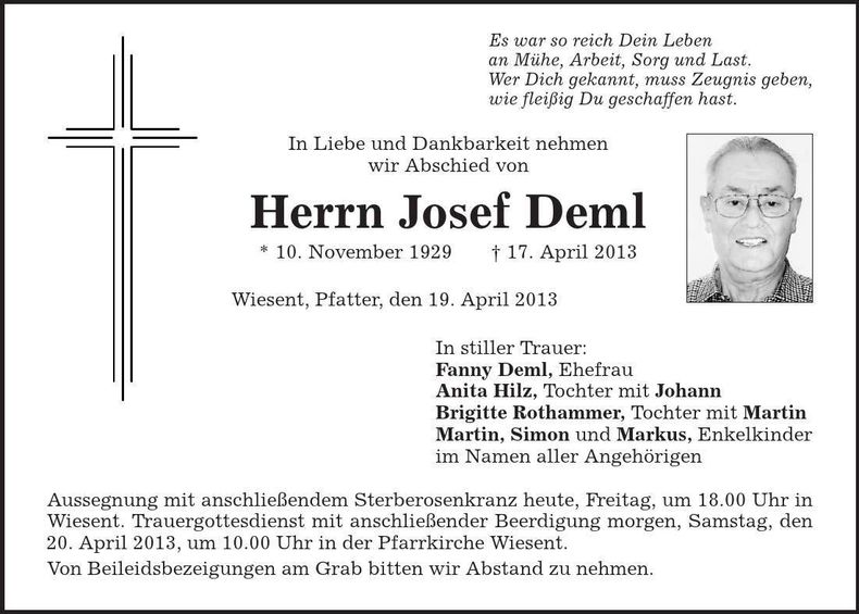 Traueranzeige Josef Deml