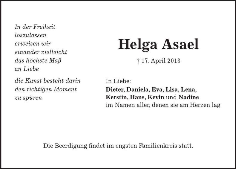 Traueranzeige Helga Asael