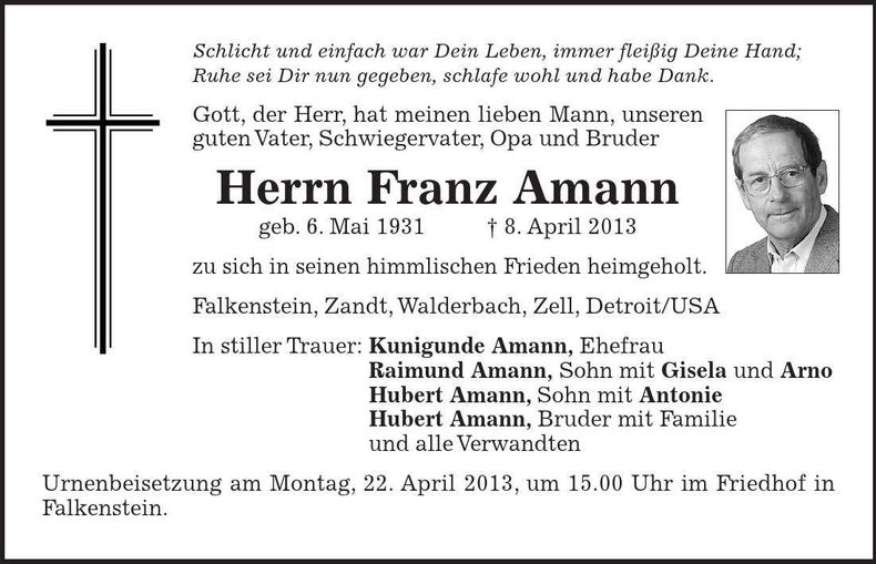 Traueranzeige Franz Amann